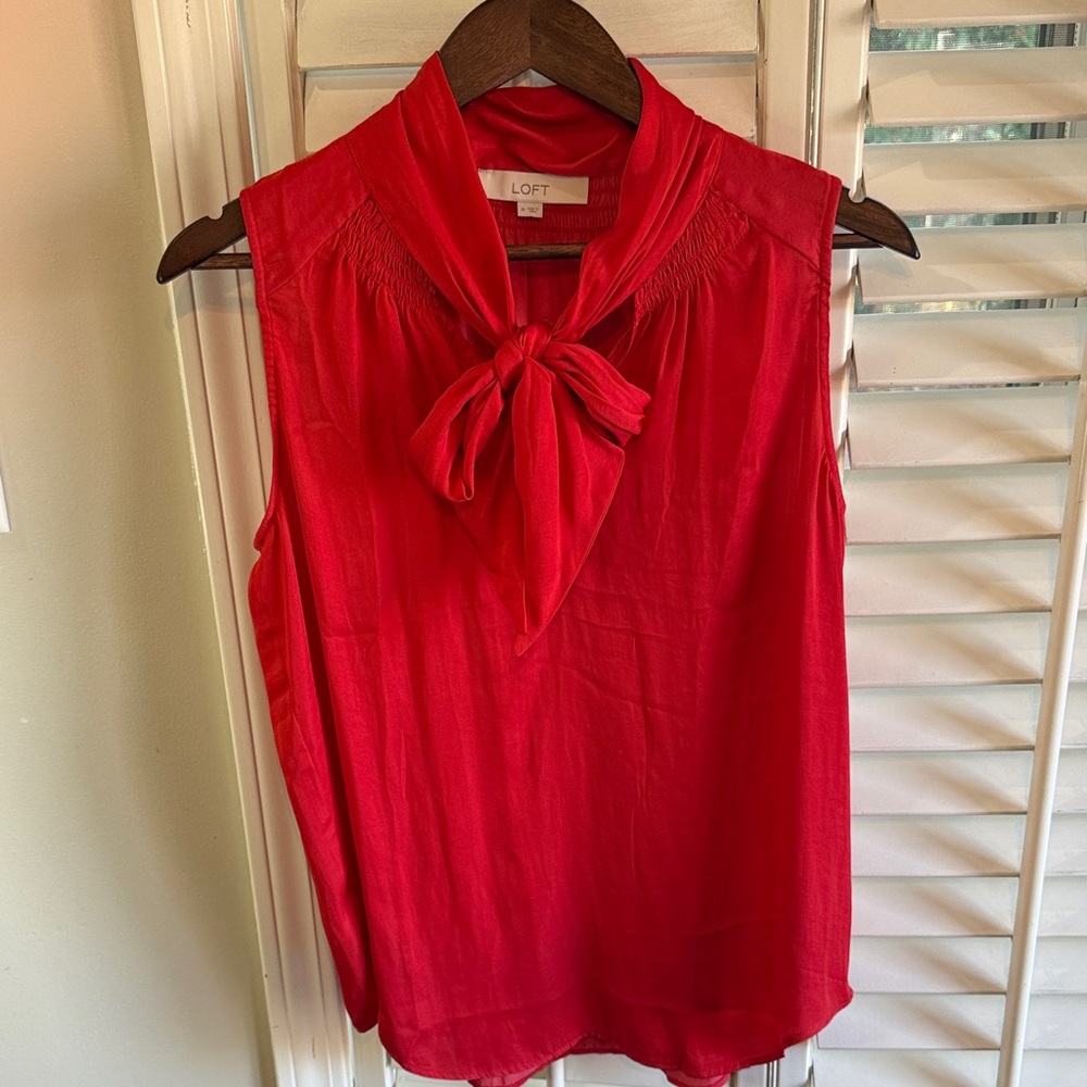 LOFT Red Tie-Neck Sleeveless Blouse